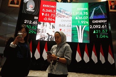 Karyawan berdiri di dekat layar pergerakan Indeks Harga Saham Gabungan (IHSG) di Bursa Efek Indonesia, Jakarta, Selasa (28/2/2022).