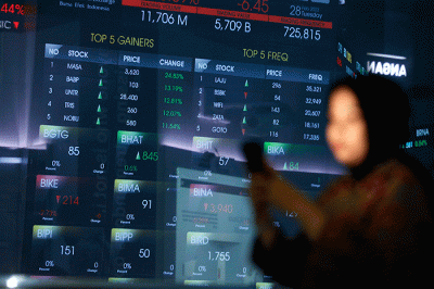Karyawan berdiri di dekat layar pergerakan Indeks Harga Saham Gabungan (IHSG) di Bursa Efek Indonesia, Jakarta, Selasa (28/2/2022).