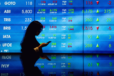 Karyawan berdiri di dekat layar pergerakan Indeks Harga Saham Gabungan (IHSG) di Bursa Efek Indonesia, Jakarta, Selasa (28/2/2022).