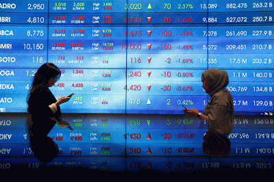 Karyawan berdiri di dekat layar pergerakan Indeks Harga Saham Gabungan (IHSG) di Bursa Efek Indonesia, Jakarta, Selasa (28/2/2022).