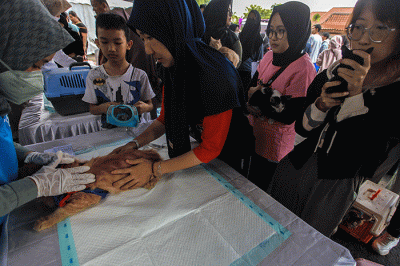 Warga antusias mendatangi layanan Vaksin Rabies gratis untuk hewan peliharaan kucing dan anjing di Taman Kambang Iwak Palembang, Minggu (5/3/2023).