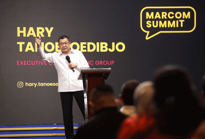 Executive Chairman MNC Group Hary Tanoesoedibjo hadir dan memberikan arahan pada saat Marcomm Summit (MNC Non Media) yang di Jakarta, Selasa (7/3/2023).