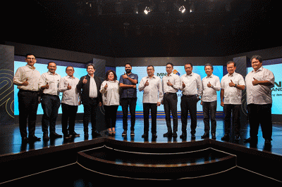 Executive Chairman MNC Group Hary Tanoesoedibjo saat memberikan arahan kepada karyawan dalam acara MNC Land dan Group Forum di MNC Confrence Hall, iNews Tower.