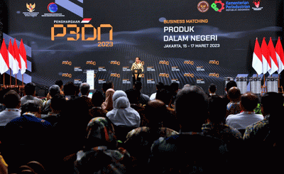 Presiden Joko Widodo memberikan sambutannya saat membuka acara Business Matching Produk Dalam Negeri Tahun 2023 di Istora Senayan, Jakarta, Rabu (15/3/2023).