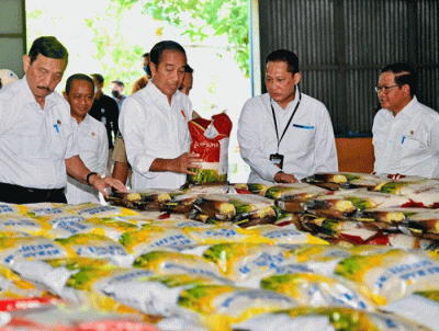 Presiden Joko Widodo saat meninjau ketersediaan stok beras di Gudang Bulog Batangase, Kabupaten Maros, Sulawesi Selatan, Kamis (30/3/2023).