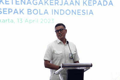 Launching Gerakan Perlindungan Jaminan Sosial Ketenagakerjaan Kepada Ekosistem Sepak Bola Indonesia di Jakarta, Kamis (13/4/2023).