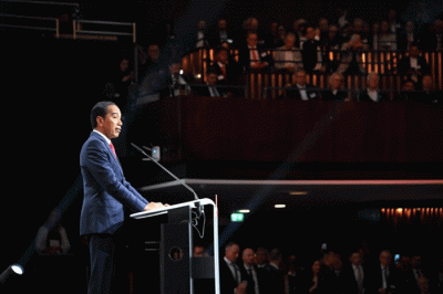 Presiden Joko Widodo memberikan sambutannya ketika menghadiri upacara pembukaan Hannover Messe 2023 di Hannover Congress Centrum, Hannover, Jerman.