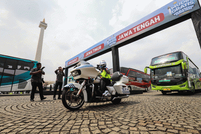 Pelepasan Mudik Gratis Polri Presisi Tahun 2023 di Monas, Jakarta Pusat, Selasa (18/4/2023).