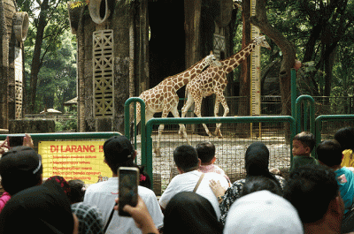Ribuan pengunjung memadati Taman Margasatwa Ragunan, Jakarta Selatan, Senin (24/4/2023).