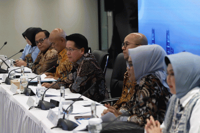 Direktur Utama PT Bank Syariah Indonesia Tbk (BSI) Hery Gunardi (tengah) menyampaikan paparan kinerja perseroan di Kantor Pusat BSI, Jakarta.