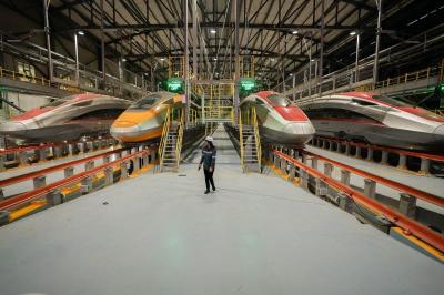Rangkaian kereta berada di Depo Kereta Cepat Jakarta-Bandung, Tegalluar, Kabupaten Bandung, Jawa Barat, Rabu (17/5/2023).