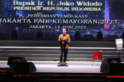 Presiden Joko Widodo memberikan sambutan saat membuka Jakarta Fair 2023 di JIExpo Kemayoran, Jakarta, Rabu (14/6/2022).