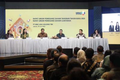 Dirut PT MNC Asia Holding Tbk Hary Tanoesoedibjo menghadiri RUPST Tahun Buku 2022 dan RUPSLB di iNews Tower, Jakarta, Rabu (28/6/2023).