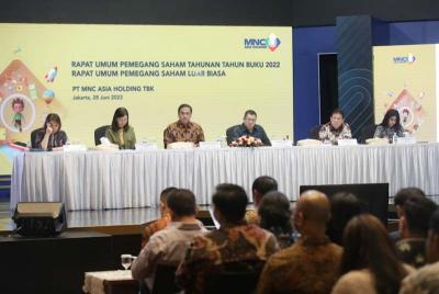 Dirut PT MNC Asia Holding Tbk Hary Tanoesoedibjo menghadiri RUPST Tahun Buku 2022 dan RUPSLB di iNews Tower, Jakarta, Rabu (28/6/2023).