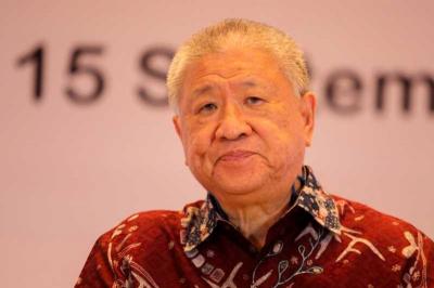 Presdir PT Pantai Indah Kapuk Dua Tbk (PT PANI) Sugianto Kusuma atau Aguan  hadir pada konfrensi pers RUPSLB PT PANI di Jakarta, Jumat (15/9/2023)