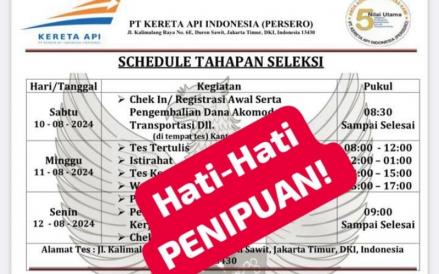 KAI mengimbau masyarakat agar mewaspadai modus penipuan berbentuk lowongan kerja. (KAI)