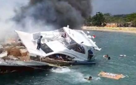 Kapal cepat Bella 72 yang ditumpangi pasangan Calon Gubernur-Wakil Gubernur Maluku Utara nomor urut 4, Benny Laos-Sabrin Dehe mengalami kebakaran. (Istimewa)