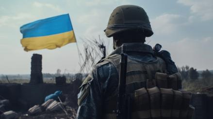 Seorang prajurit Ukraina berada di medan pertempuran dengan bendera nasional Ukraina berkibar di depannya (ilustrasi). (Foto: Pixabay)