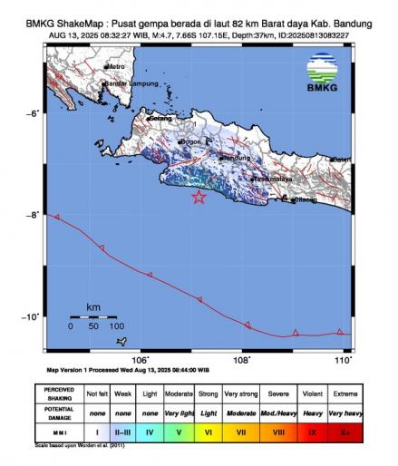 Gempa M4,7 Guncang Kabupaten Bandung, Tidak Berpotensi Tsunami. (Foto: Dok. BMKG)