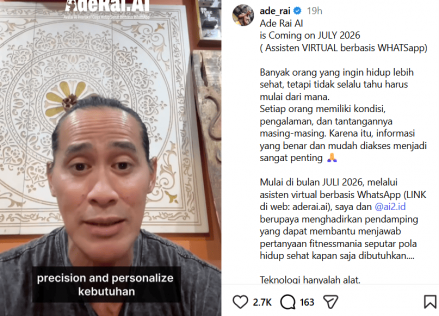 Perluas Edukasi, Ade Rai dan AIA Indonesia Buat Asisten Virtual AI untuk Pendamping Kesehatan Personal. (Foto: Instagram/Ade Rai)