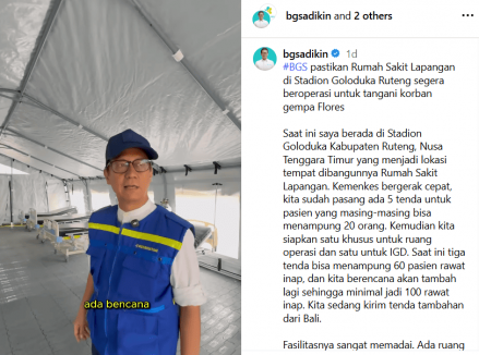 Intip Fasilitas RS Lapangan Ruteng, Tenda Faskes Darurat untuk Korban Gempa NTT. (Foto: Instagram/Budi Gunadi Sadikin)
