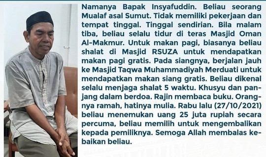 Insyafuddin menemukan tas berisi uang Rp25 juta yang tertinggal di masjid Oman Al-Makmur Lampriet, Kota Banda Aceh. (Foto: MNC Media)