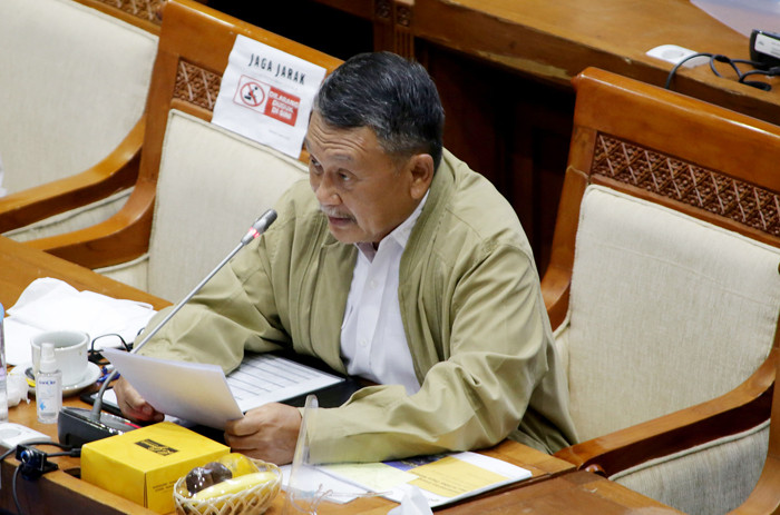 Menteri Energi dan Sumber Daya Mineral (ESDM) Arifin Tasrif saat rapat kerja dengan Komisi VII DPR RI di Kompleks Parlemen, Senayan, Jakarta, Senin (22/3/2021).