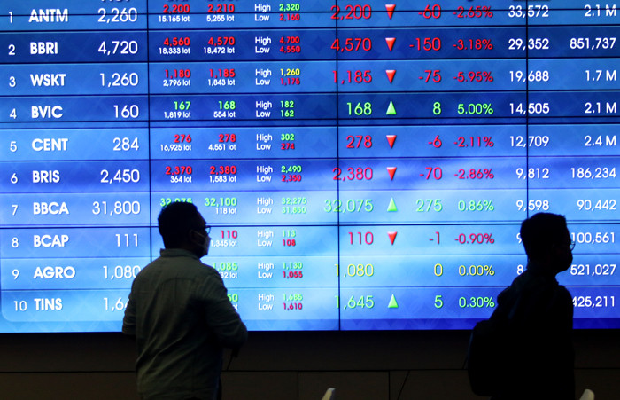 Pengunjung melintasi layar bursa saham di Bursa Efek Indonesia (BEI), Jakarta, Selasa (30/3/2021).