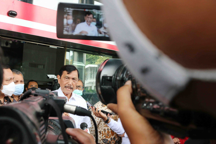 Menko Marves Luhut Binsar Pandjaitan menghadiri peluncuran Aksi Pencegahan Korupsi Stranas PK 2021-2022 di Gedung Merah Putih KPK, Jakarta, Selasa (13/4/2021).