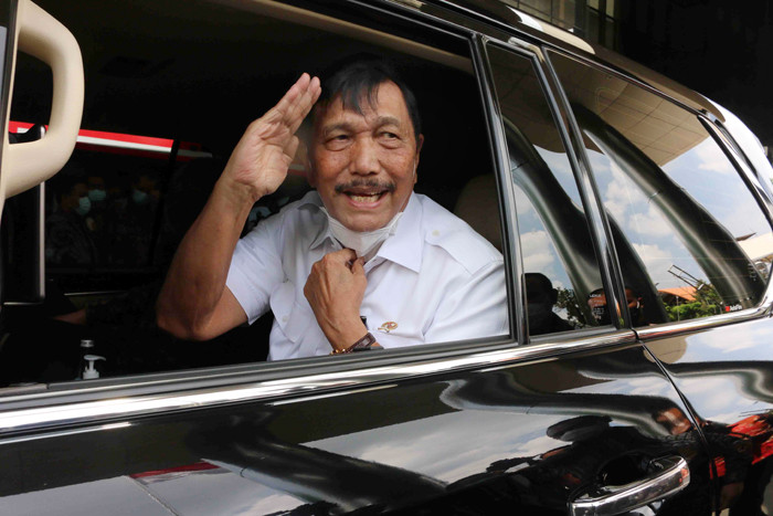 Menko Marves Luhut Binsar Pandjaitan menghadiri peluncuran Aksi Pencegahan Korupsi Stranas PK 2021-2022 di Gedung Merah Putih KPK, Jakarta, Selasa (13/4/2021).