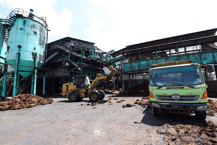 Truk bermuatan Tandan Buah Segar Kelapa Sawit menurunkan buah di Pabrik Kelapa Sawit PT. Sawit Sumbermas Sarana di Pangkalan bun, Kamis (29/4/2021).
