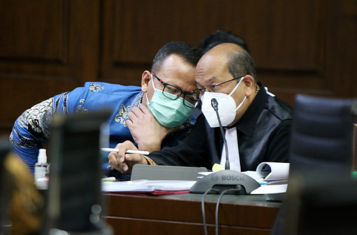Terdakwa mantan Menteri Kelautan dan Perikanan Edhy Prabowo menjalani sidang lanjutan di Pengadilan Tindak Pidana Korupsi, Jakarta, Rabu (9/6/2021).