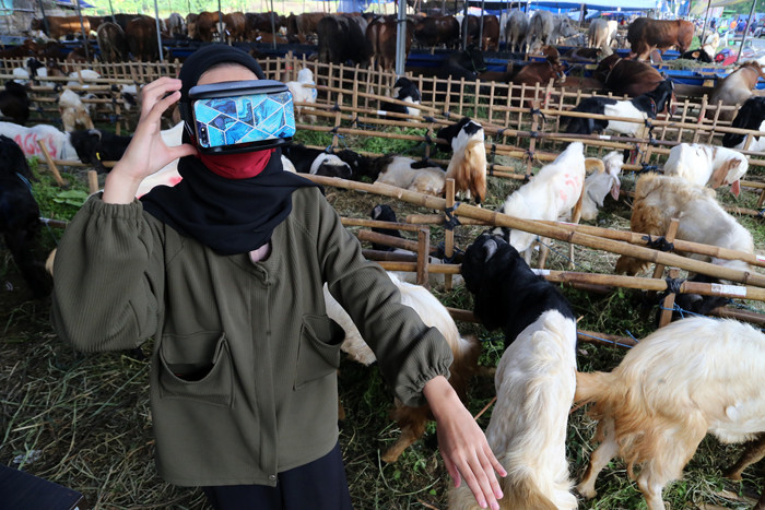 Calon pembeli mencoba pengalaman belanja hewan Kurban menggunakan teknologi Virtual Reality di kandang Ternaknesia Merr Surabaya, Jawa Timur, Kamis (15/7/2021).