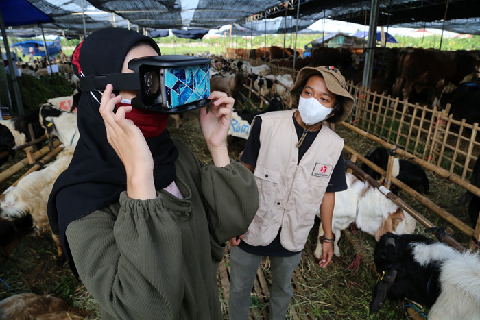 Calon pembeli mencoba pengalaman belanja hewan Kurban menggunakan teknologi Virtual Reality di kandang Ternaknesia Merr Surabaya, Jawa Timur, Kamis (15/7/2021).
