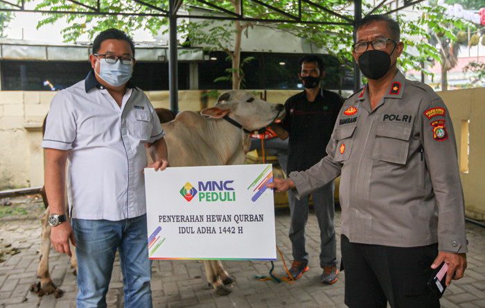 Direktur Litigasi MNC Group Gabriel Mahjudin memberikan satu ekor sapi kepada Kompol Bambang Edi Haryanto di Jakarta, Senin (19/7/2021).