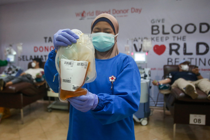 Petugas melayani warga yang mendonorkan plasma darah konvalesen di kantor Palang Merah Indonesia (PMI) DKI Jakarta, Kramat, Jakarta Pusat, Jumat (23/7/2021).