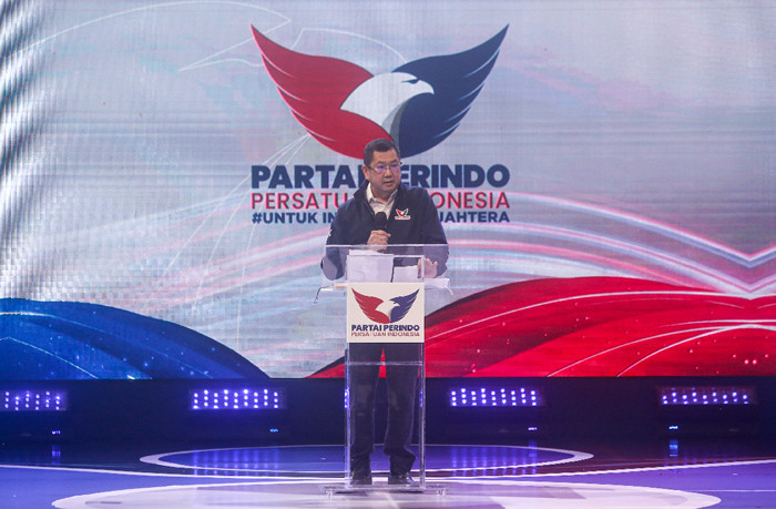 Ketua Umum Partai Perindo Hary Tanoesodibjo saat peluncuran logo baru Partai Perindo di MNC Conference Hall, Jakarta Pusat, Jumat (6/8/2021).