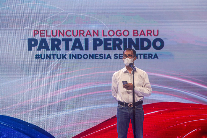 Ketua Umum Partai Perindo Hary Tanoesodibjo saat peluncuran logo baru Partai Perindo di MNC Conference Hall, Jakarta Pusat, Jumat (6/8/2021).