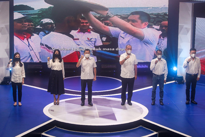 Ketua Umum Partai Perindo Hary Tanoesodibjo saat peluncuran logo baru Partai Perindo di MNC Conference Hall, Jakarta Pusat, Jumat (6/8/2021).