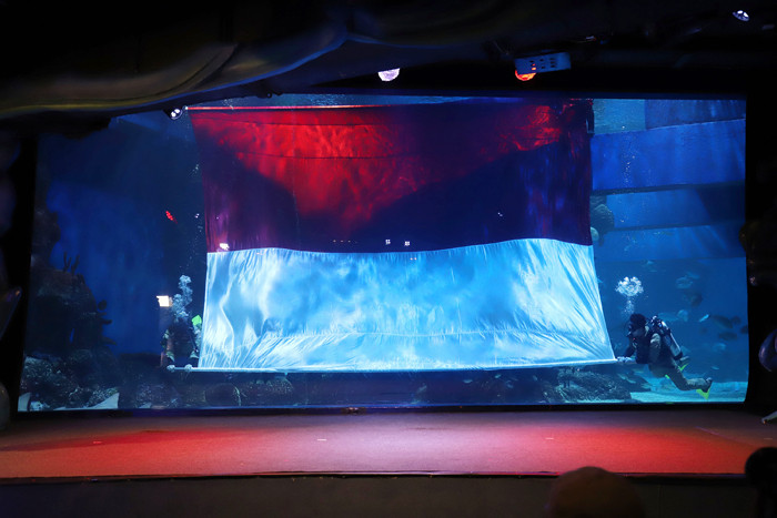 Puteri Duyung melintasi bendera raksasa saat dikibarkan didalam air oleh penyelam dengan kostum pejuang di Jakarta Aquarium, Jakarta Barat, Selasa (17/8/2021).