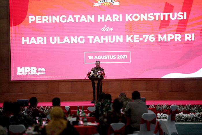 Peringatan Hari Konstitusi dan HUT ke-76 MPR RI di Gedung Nusantara IV, Kompleks Parlemen MPR/DPR-DPD, Senayan, Jakarta, Rabu (18/8/2021).