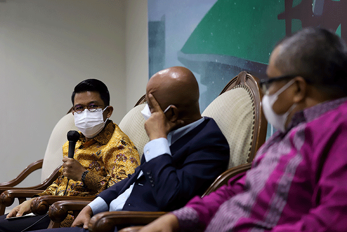 Diskusi forum legislasi di media center, Nusantara III, kompleks parlemen MPR/DPR-DPD, Senayan, Jakarta, Selasa (24/8/2021).