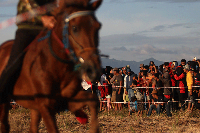 Sejumlah warga menyaksikan pacuan kuda tradisional di Kecamatan Simbang, Desa Tanete, Kabupaten Maros, Rabu (25/8/2021).