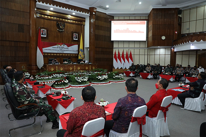 Panglima TNI Marsekal TNI Hadi Tjahjanto memimpin diskusi terkait penanganan Covid-19 di Kantor Gubernur Bali, Minggu (29/8/2021).