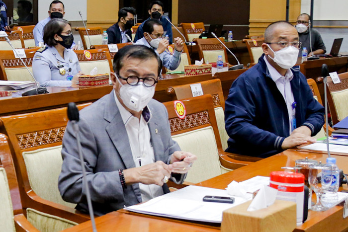 Menkumham Yasonna Laoly saat rapat kerja dengan Komisi III DPR RI di Kompleks Parlemen, Senayan, Jakarta, Senin (6/9/2021).