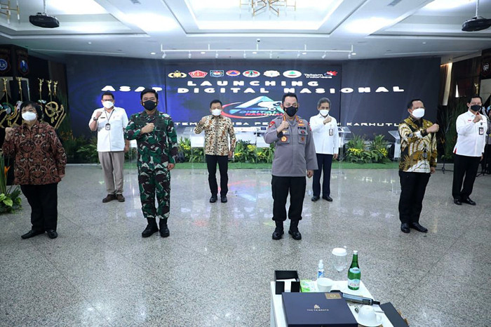 Panglima TNI Marsekal TNI Hadi Tjahjanto menghadiri acara launching aplikasi ASAP Digital di Mabes Polri Jakarta Selatan, Rabu (15/9/2021).