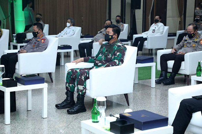 Panglima TNI Marsekal TNI Hadi Tjahjanto menghadiri acara launching aplikasi ASAP Digital di Mabes Polri Jakarta Selatan, Rabu (15/9/2021).