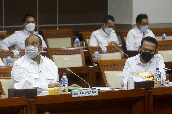 Wakil Kepala BIN Letjen Teddy Lhaksmana Widya Kusuma saat rapat kerja dengan Komisi I DPR di Kompleks Parlemen, Senayan, Jakarta, Kamis (23/9/2021).