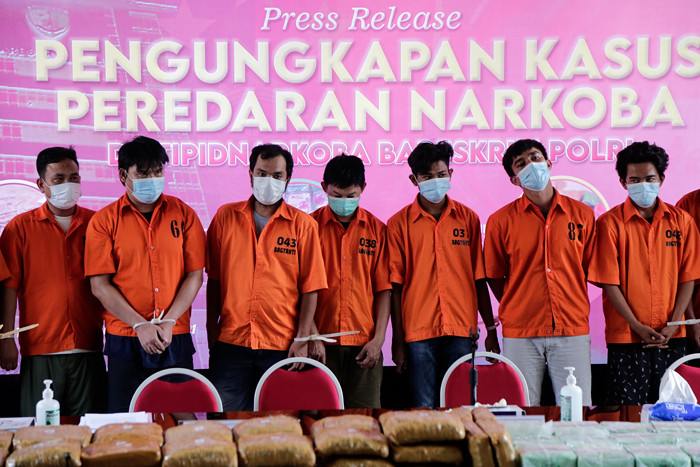 Pengungkapan peredaran Narkotika jaringan Sumatera Barat-Jakarta-Bogor di Badan Reserse Kriminal Polri, Jakarta Selatan, Senin (4/10/2021).