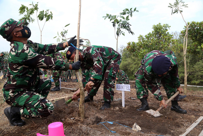 Pangkoarmada II Laksda TNI Iwan Isnurwanto bersama seluruh prajurit TNI Angkatan Laut Koarmada II menanam Pohon Tabebuya di Jawa Timur, Rabu (6/10/2021).
